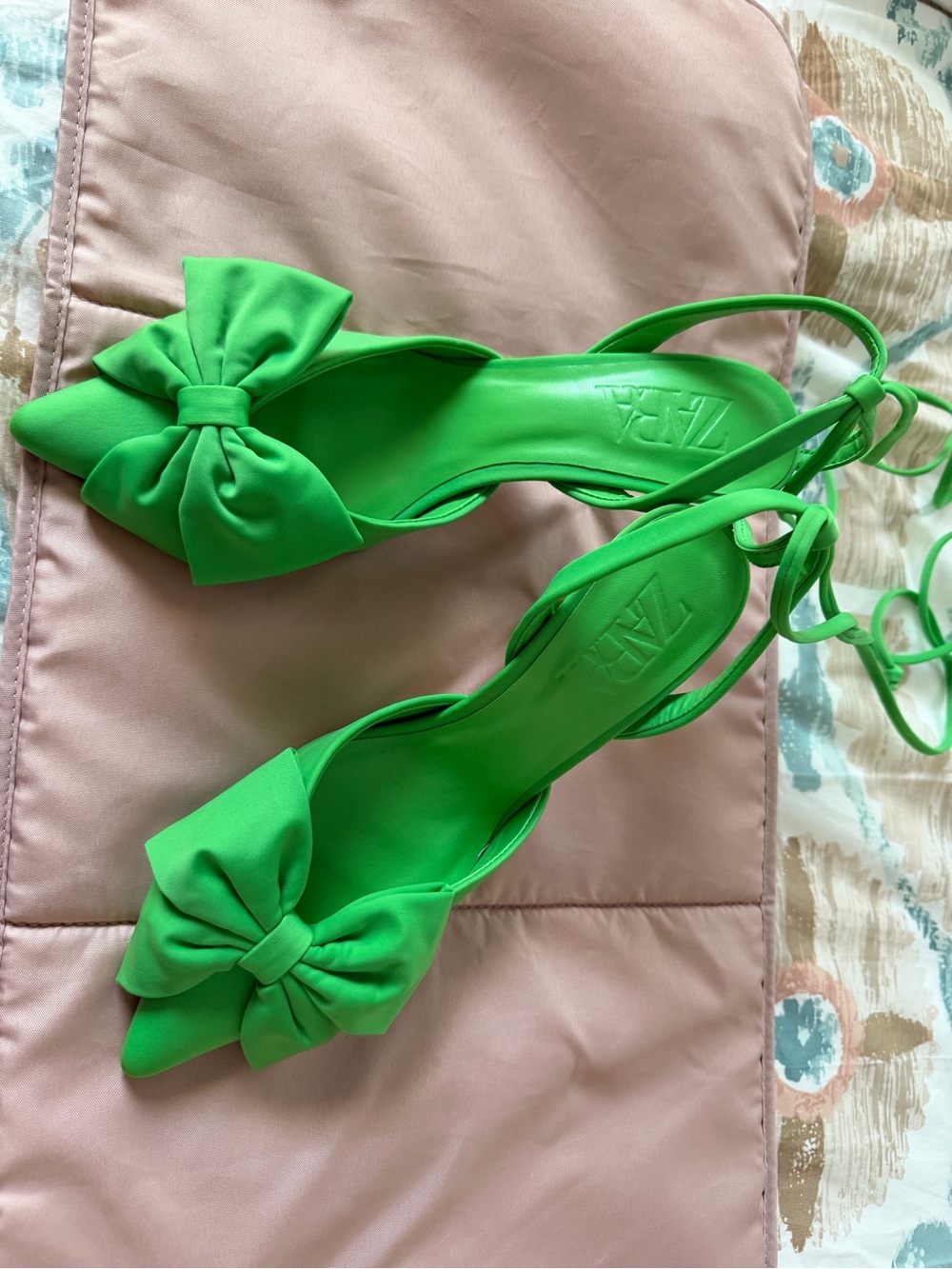 Zara Neon Green Bow Pointed Slingback Heels